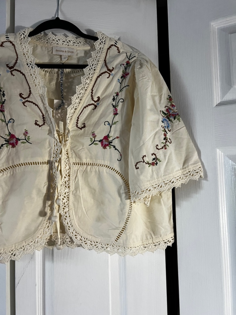 Embroidered Lace-Trim Cream Blouse - Picture 3 of 12